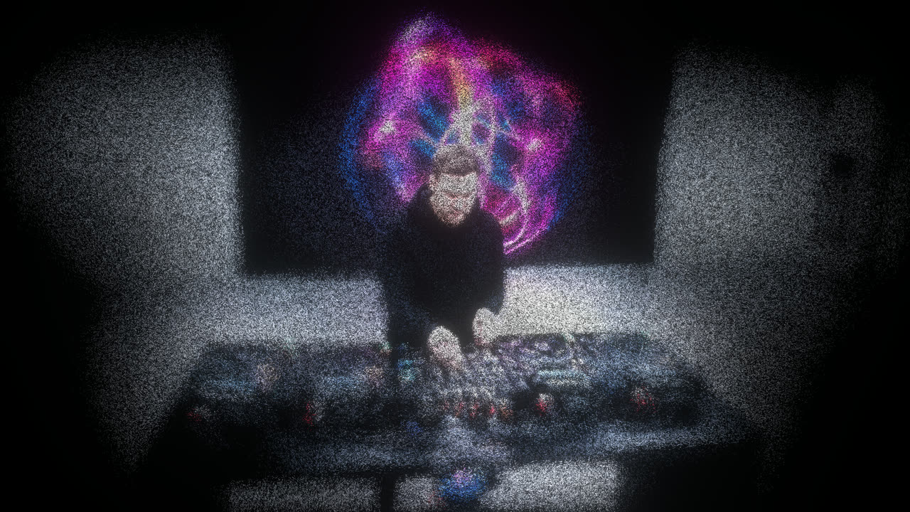 A DJ at the decks with Curl Flow visuals on the screen behind them