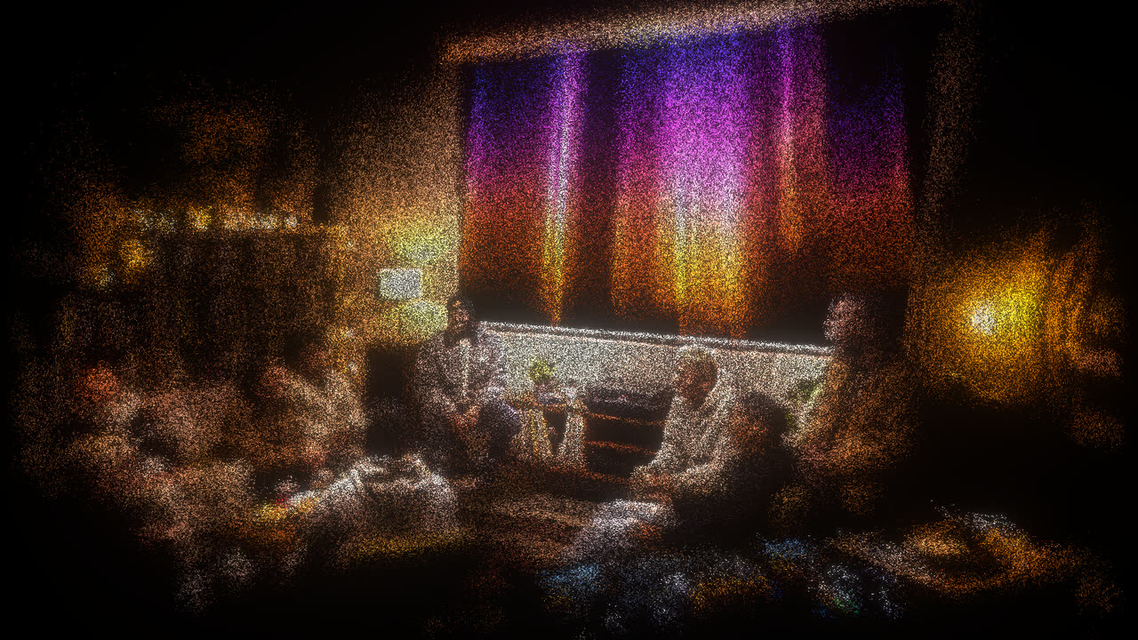 Friends on a sofa in a dim living room, with Curl Flow visuals glowing on the wall behind them